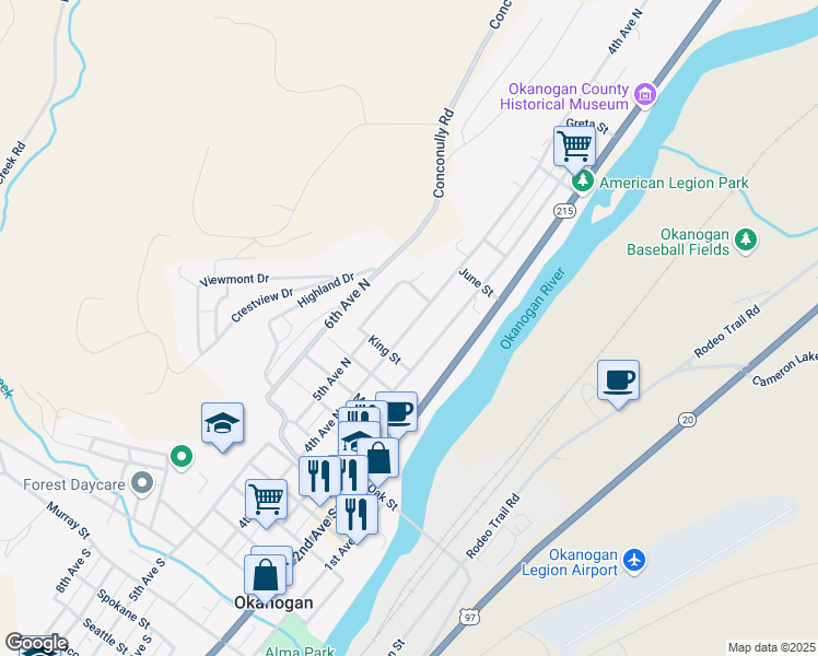 map of restaurants, bars, coffee shops, grocery stores, and more near 675 4th Avenue South in Okanogan
