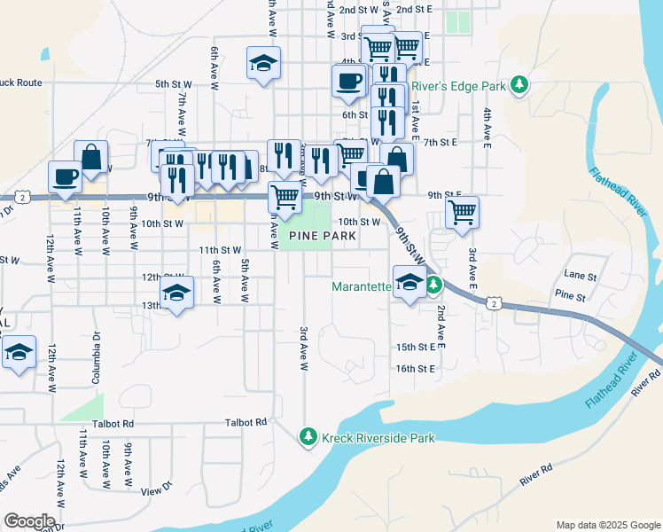 map of restaurants, bars, coffee shops, grocery stores, and more near 1126 2nd Avenue West in Columbia Falls