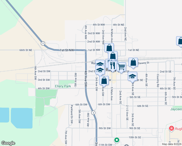 map of restaurants, bars, coffee shops, grocery stores, and more near 186-198 4th Avenue Southwest in Rugby