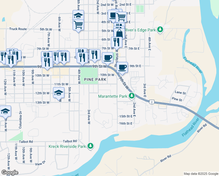map of restaurants, bars, coffee shops, grocery stores, and more near 1-67 11th St W in Columbia Falls