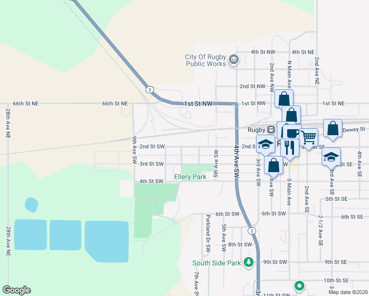 map of restaurants, bars, coffee shops, grocery stores, and more near 612 2nd Street Southwest in Rugby