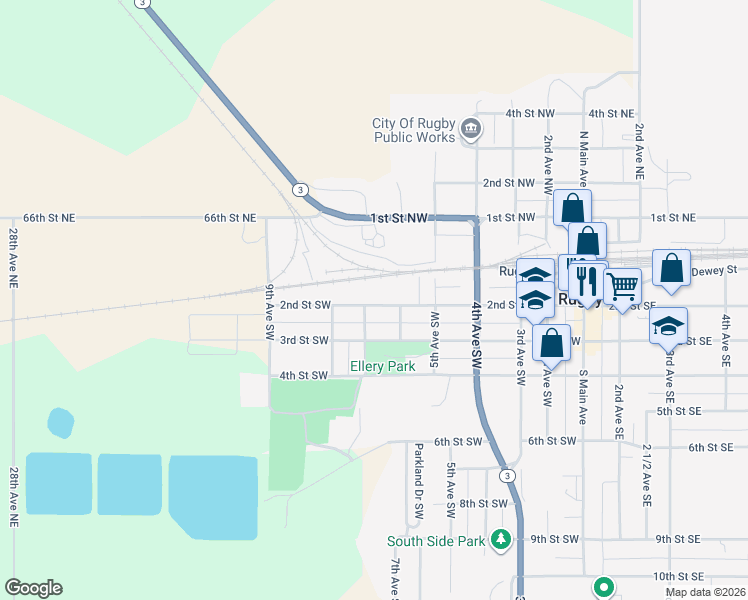map of restaurants, bars, coffee shops, grocery stores, and more near 612 2nd Street Southwest in Rugby