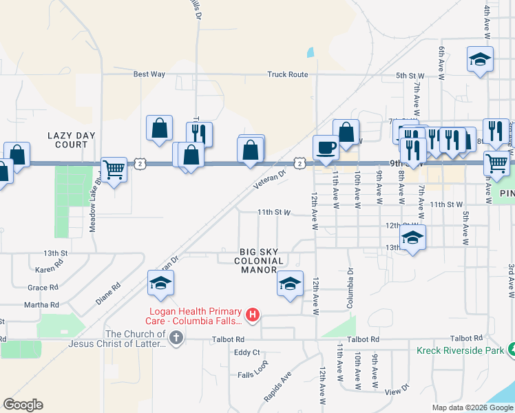 map of restaurants, bars, coffee shops, grocery stores, and more near 1447 11th Street West in Columbia Falls
