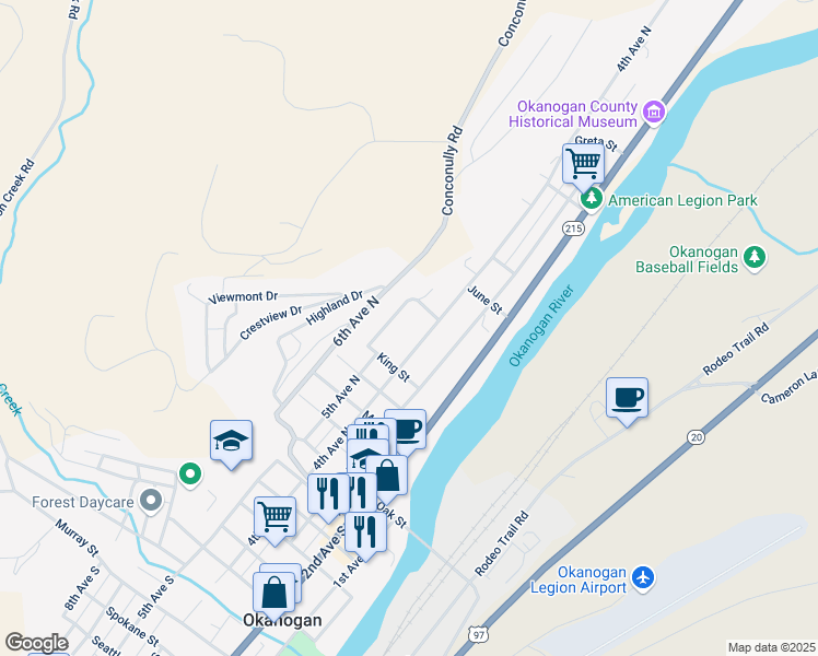 map of restaurants, bars, coffee shops, grocery stores, and more near 675 4th Avenue South in Okanogan