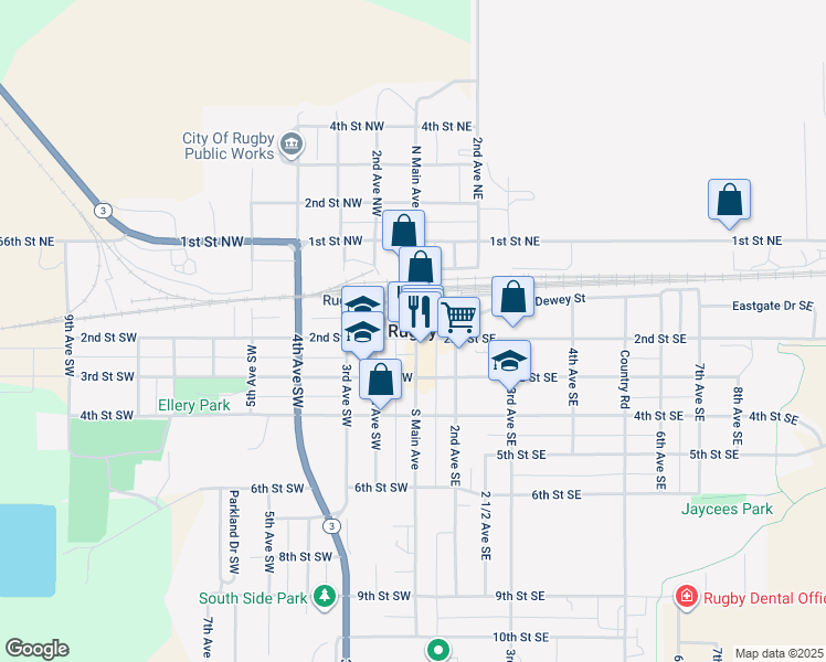 map of restaurants, bars, coffee shops, grocery stores, and more near in Rugby