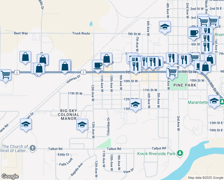 map of restaurants, bars, coffee shops, grocery stores, and more near 999 11th Street West in Columbia Falls
