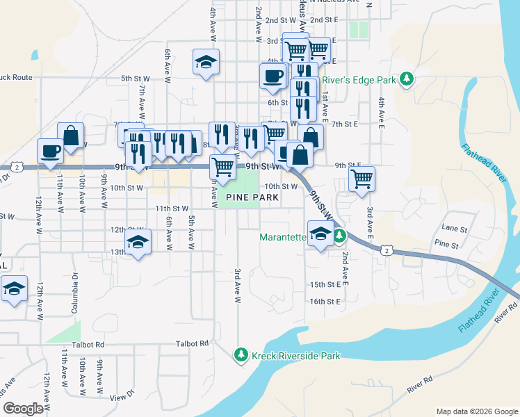 map of restaurants, bars, coffee shops, grocery stores, and more near 199 11th Street West in Columbia Falls