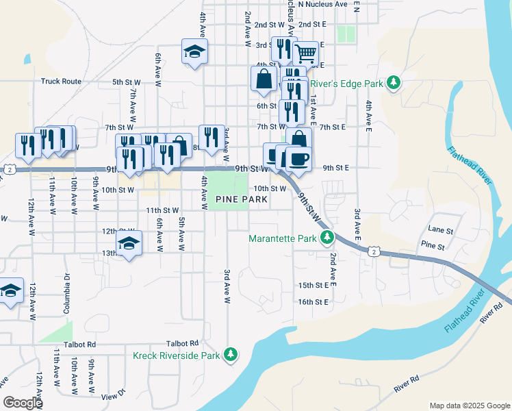 map of restaurants, bars, coffee shops, grocery stores, and more near 167 11th Street West in Columbia Falls