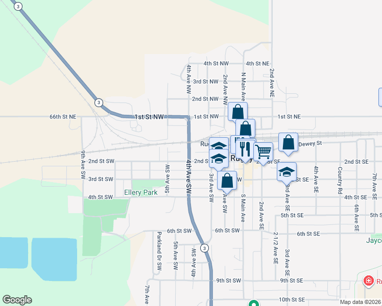 map of restaurants, bars, coffee shops, grocery stores, and more near 186 4th Avenue Southwest in Rugby