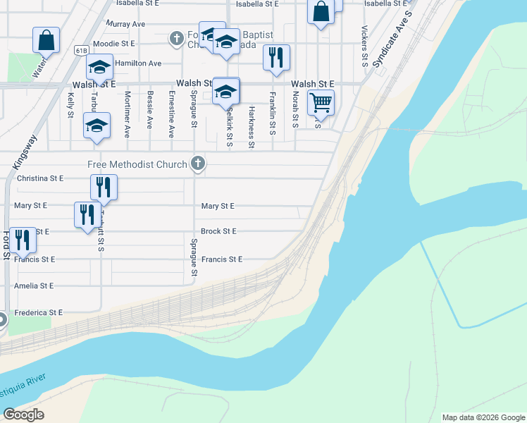 map of restaurants, bars, coffee shops, grocery stores, and more near 470 Mary Street East in Thunder Bay