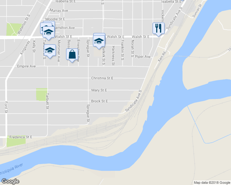 map of restaurants, bars, coffee shops, grocery stores, and more near 470 Mary Street East in Thunder Bay
