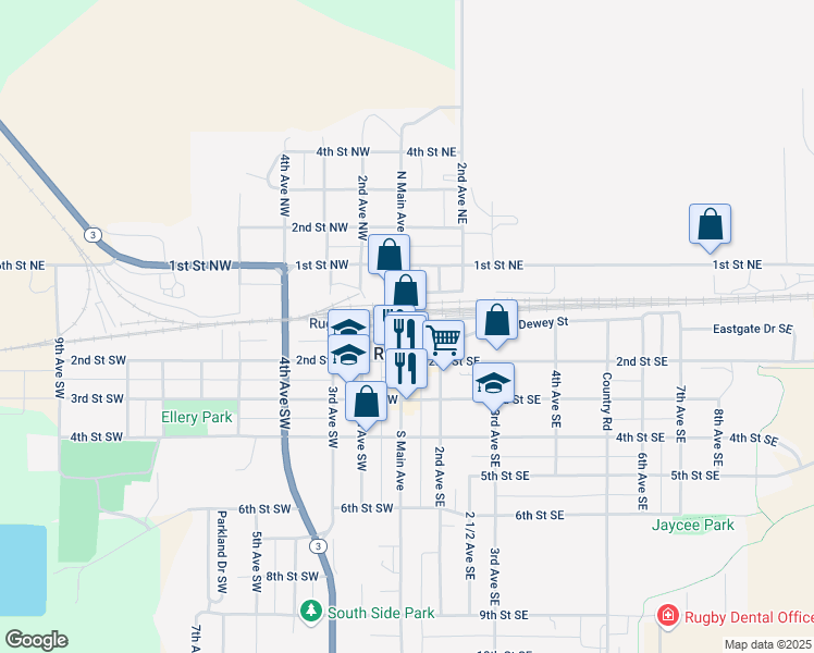 map of restaurants, bars, coffee shops, grocery stores, and more near in Rugby