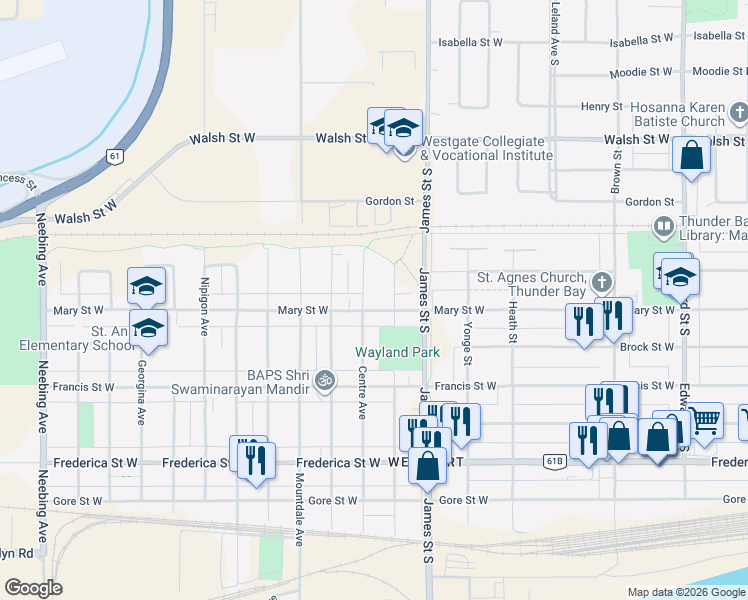 map of restaurants, bars, coffee shops, grocery stores, and more near 613 Mary Street West in Thunder Bay