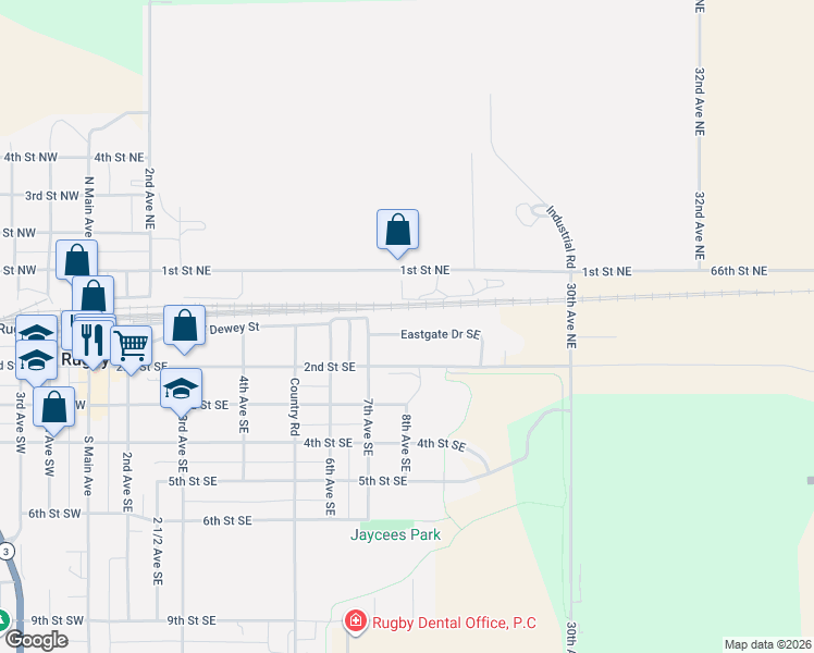 map of restaurants, bars, coffee shops, grocery stores, and more near 701-795 2nd Street Southeast in Rugby