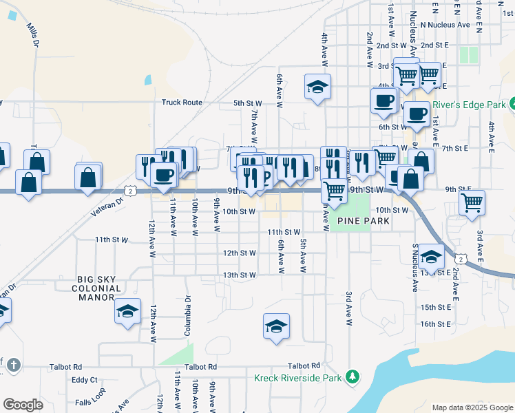 map of restaurants, bars, coffee shops, grocery stores, and more near 700 9th Street West in Columbia Falls