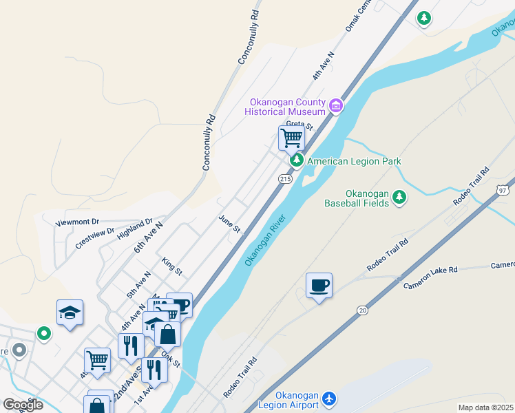 map of restaurants, bars, coffee shops, grocery stores, and more near 919 2nd Avenue North in Okanogan
