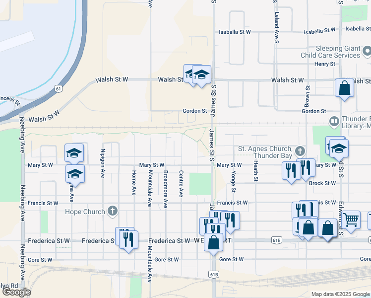 map of restaurants, bars, coffee shops, grocery stores, and more near 928 Centre Avenue in Thunder Bay