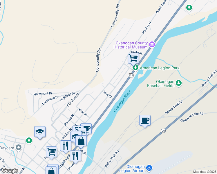 map of restaurants, bars, coffee shops, grocery stores, and more near 840 4th Avenue North in Okanogan