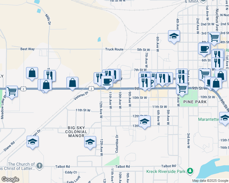 map of restaurants, bars, coffee shops, grocery stores, and more near 1006 9th Street West in Columbia Falls
