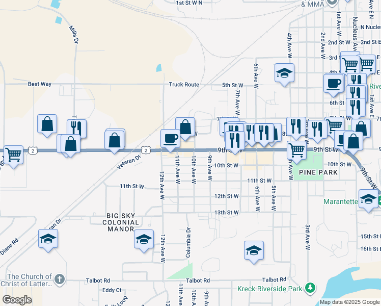 map of restaurants, bars, coffee shops, grocery stores, and more near 1006 9th Street West in Columbia Falls