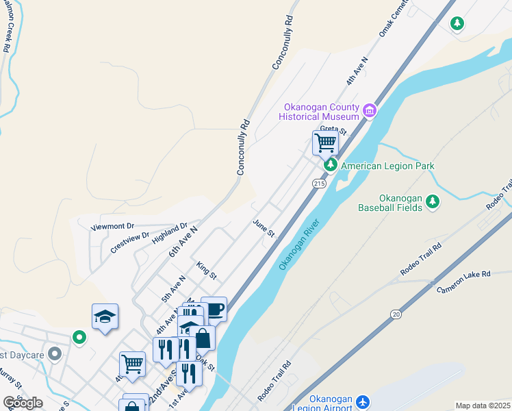 map of restaurants, bars, coffee shops, grocery stores, and more near 840 4th Avenue North in Okanogan