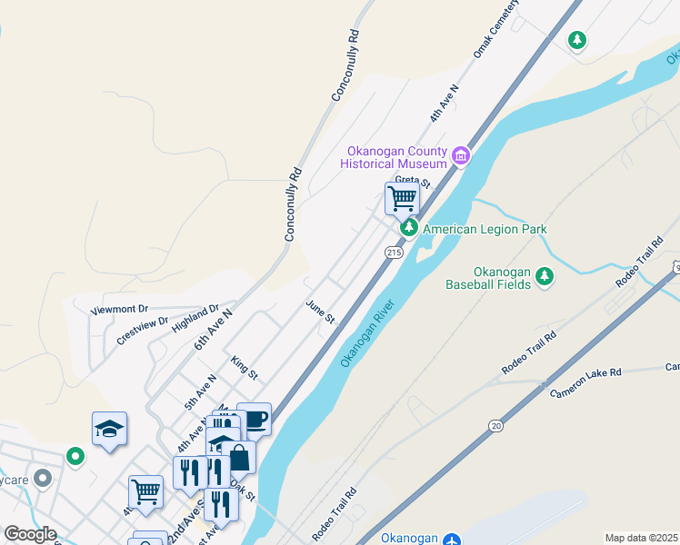map of restaurants, bars, coffee shops, grocery stores, and more near 919 2nd Avenue North in Okanogan