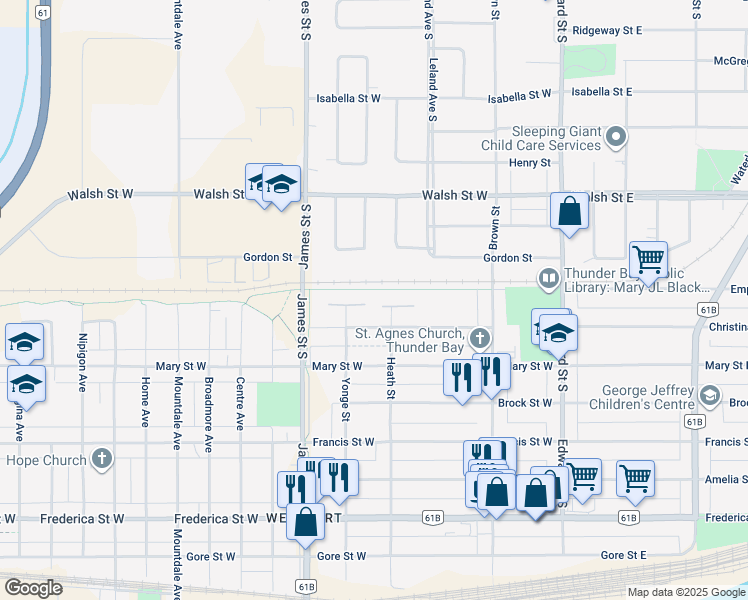 map of restaurants, bars, coffee shops, grocery stores, and more near 720 Linwood Crescent in Thunder Bay