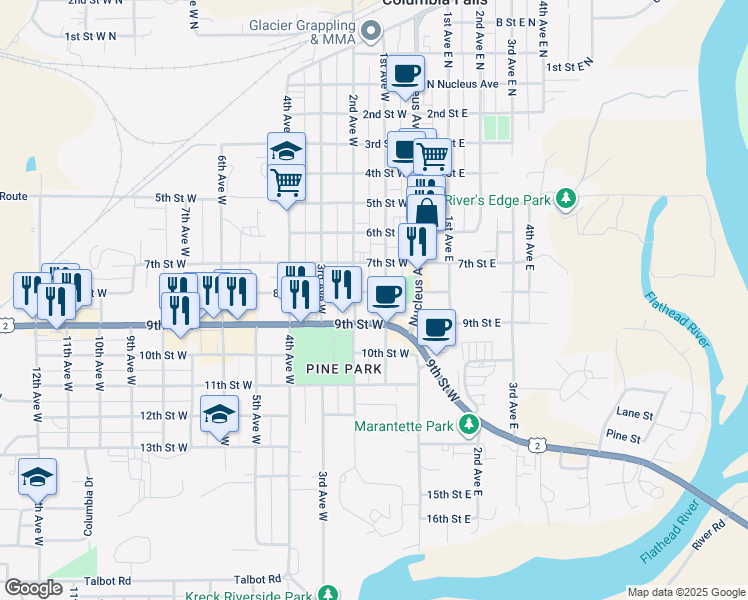 map of restaurants, bars, coffee shops, grocery stores, and more near 720 1st Avenue West in Columbia Falls
