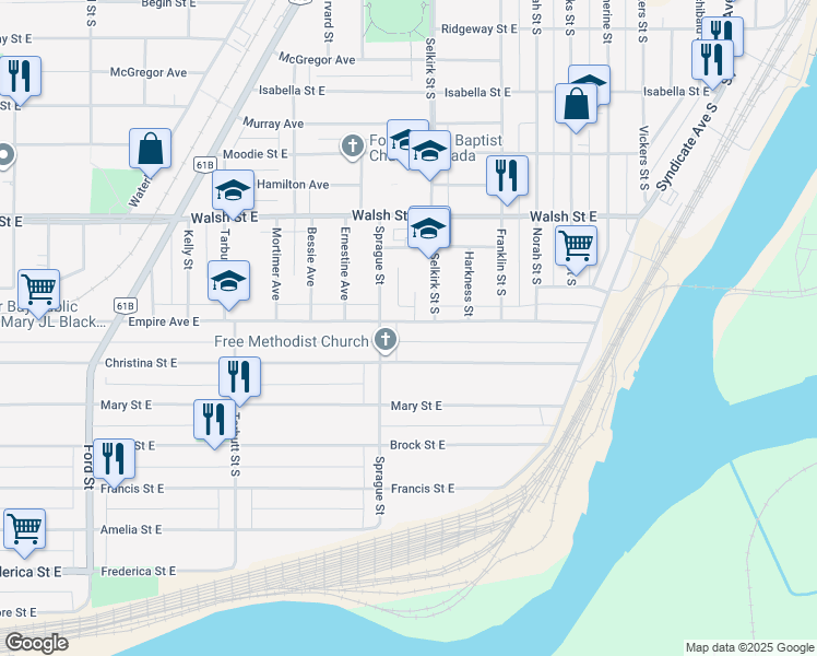 map of restaurants, bars, coffee shops, grocery stores, and more near 418 Empire Avenue in Thunder Bay