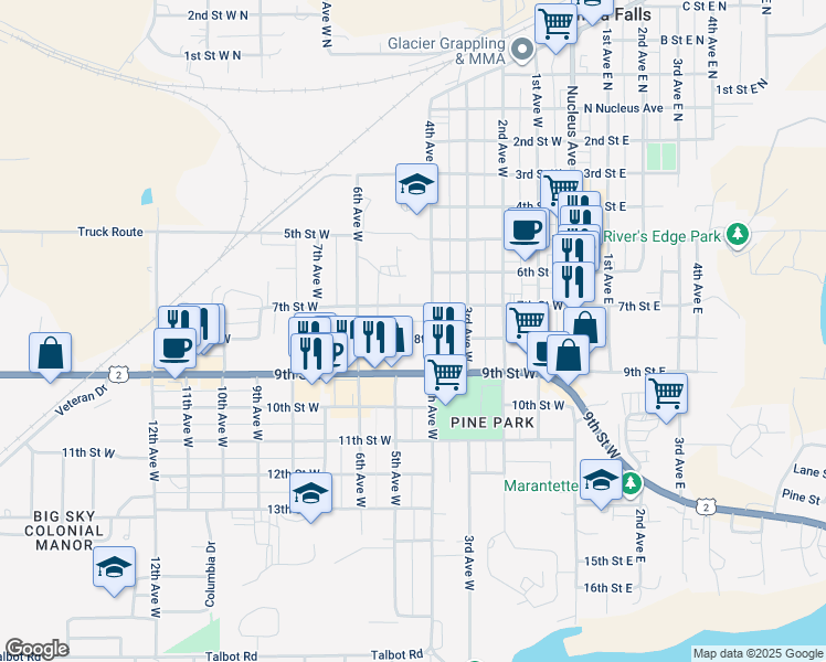map of restaurants, bars, coffee shops, grocery stores, and more near in Columbia Falls