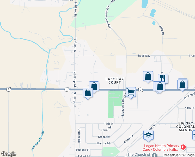 map of restaurants, bars, coffee shops, grocery stores, and more near 178-188 Riley Ln in Columbia Falls