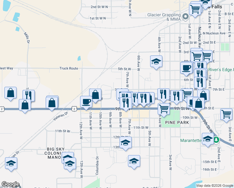 map of restaurants, bars, coffee shops, grocery stores, and more near 700 7th Street West in Columbia Falls