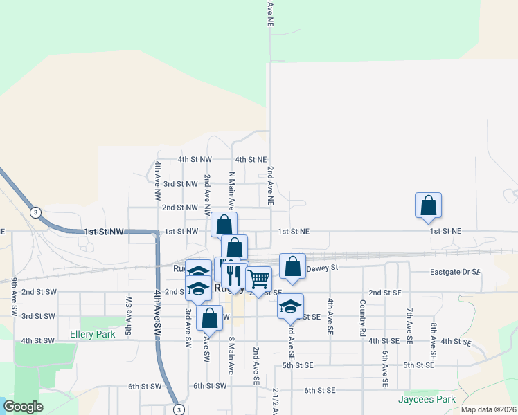 map of restaurants, bars, coffee shops, grocery stores, and more near 172 2nd St NE in Rugby