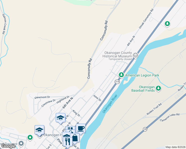 map of restaurants, bars, coffee shops, grocery stores, and more near 940 Sunrise Heights Road in Okanogan