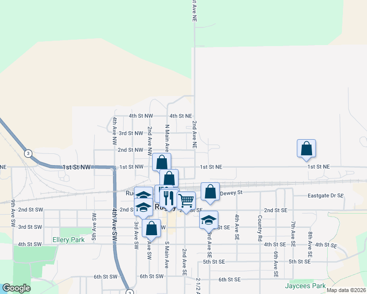 map of restaurants, bars, coffee shops, grocery stores, and more near 100-172 2nd St NE in Rugby
