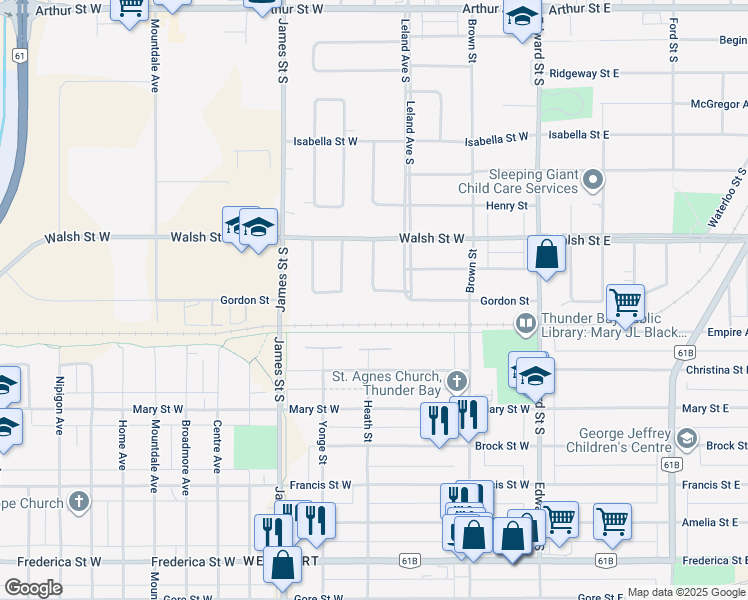 map of restaurants, bars, coffee shops, grocery stores, and more near 720 Linwood Crescent in Thunder Bay