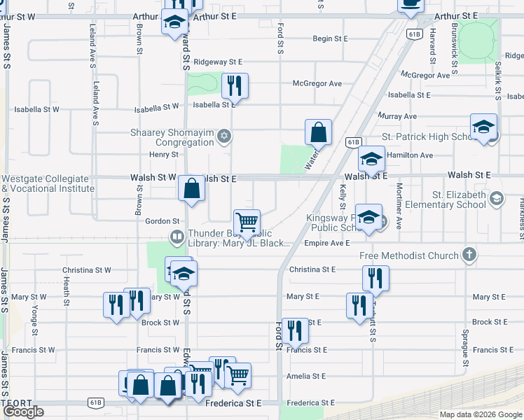 map of restaurants, bars, coffee shops, grocery stores, and more near 740 Ruskin Crescent in Thunder Bay