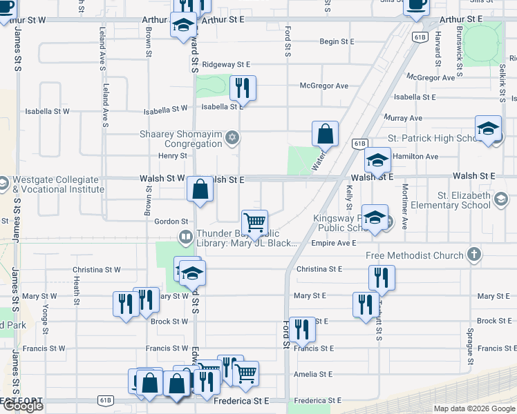map of restaurants, bars, coffee shops, grocery stores, and more near 743 Ruskin Crescent in Thunder Bay