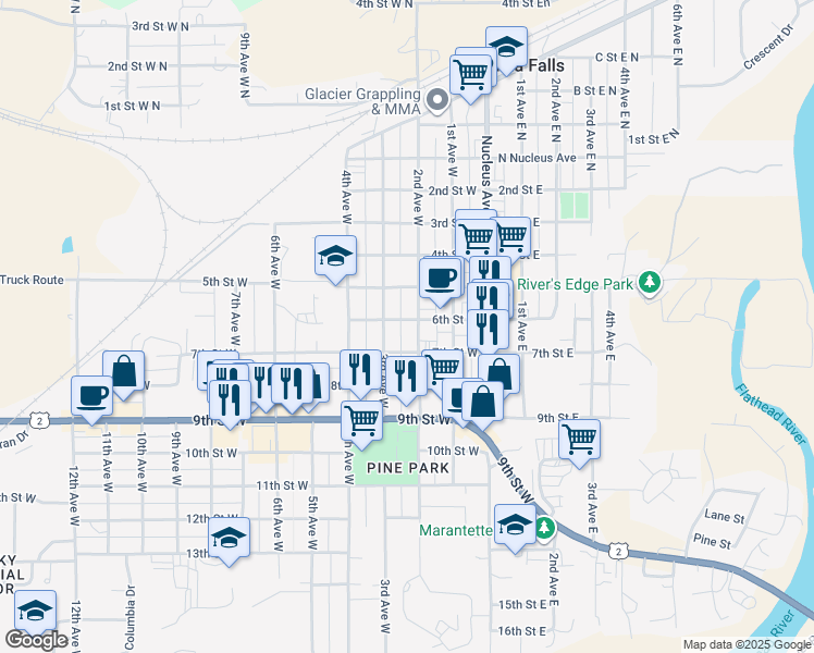map of restaurants, bars, coffee shops, grocery stores, and more near 621 3rd Avenue West in Columbia Falls