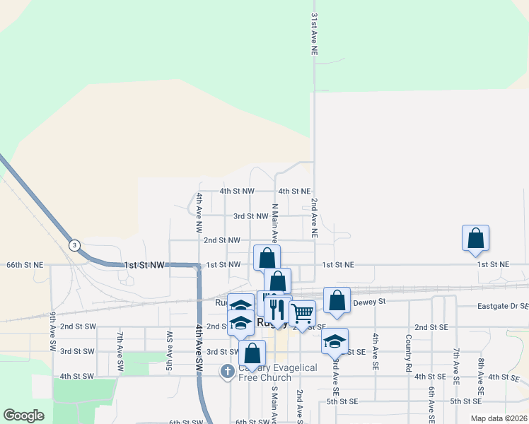 map of restaurants, bars, coffee shops, grocery stores, and more near 300-398 N Main Ave in Rugby