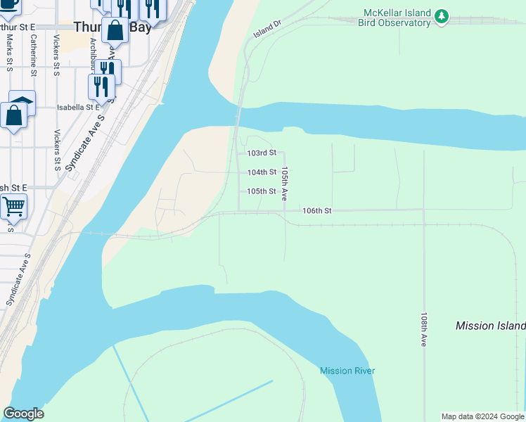 map of restaurants, bars, coffee shops, grocery stores, and more near 442 106th Street in Thunder Bay