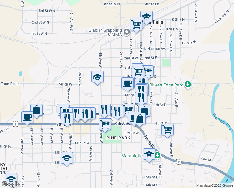 map of restaurants, bars, coffee shops, grocery stores, and more near 621 3rd Avenue West in Columbia Falls