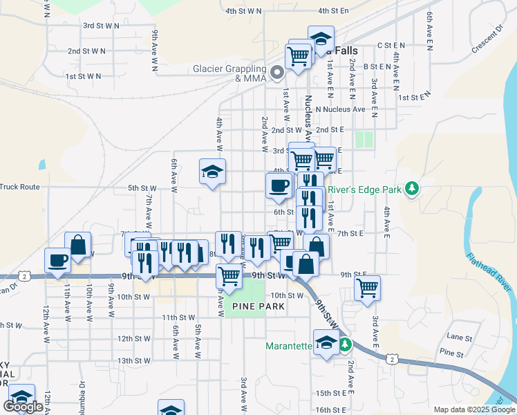 map of restaurants, bars, coffee shops, grocery stores, and more near 621 3rd Avenue West in Columbia Falls