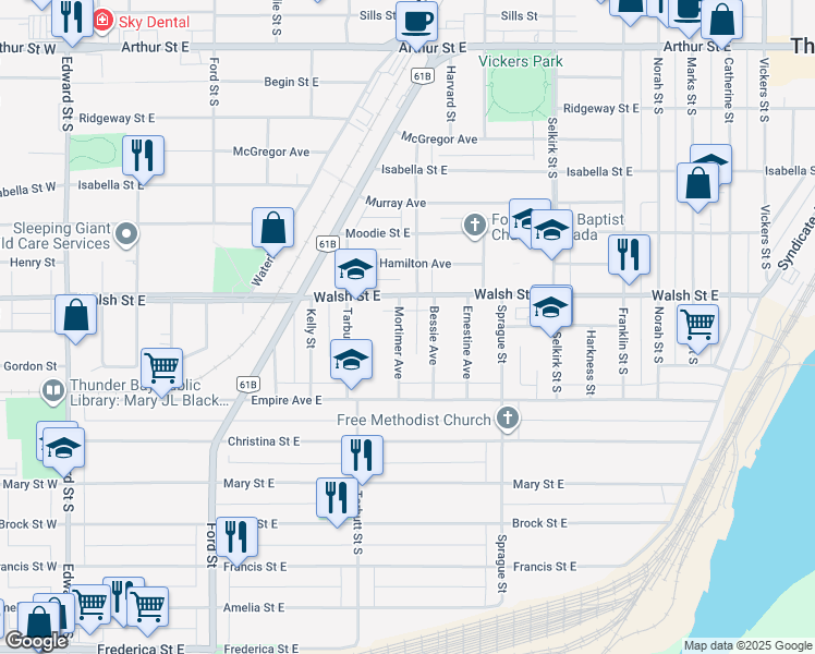 map of restaurants, bars, coffee shops, grocery stores, and more near 720 Mortimer Avenue in Thunder Bay