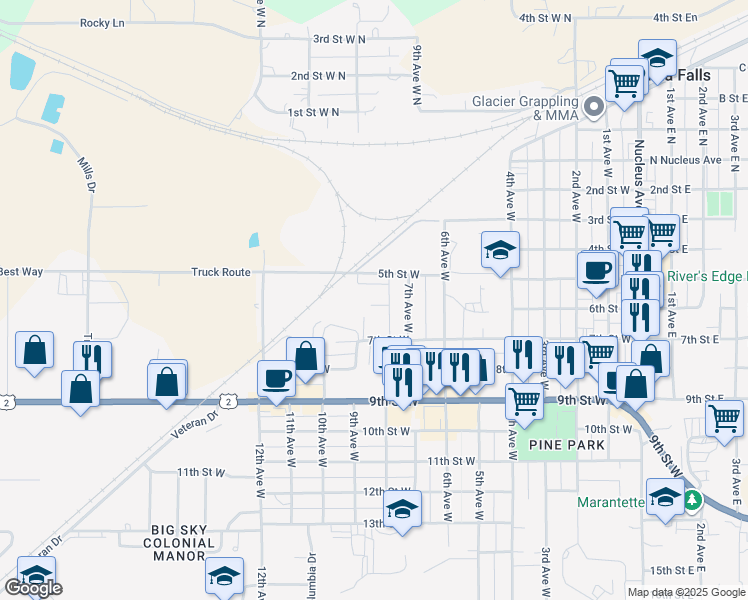map of restaurants, bars, coffee shops, grocery stores, and more near 810 5th Street West in Columbia Falls