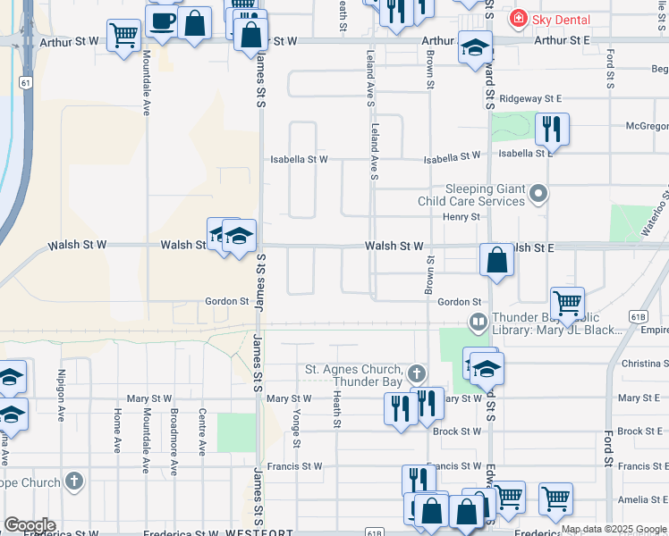 map of restaurants, bars, coffee shops, grocery stores, and more near 707 Linwood Crescent in Thunder Bay