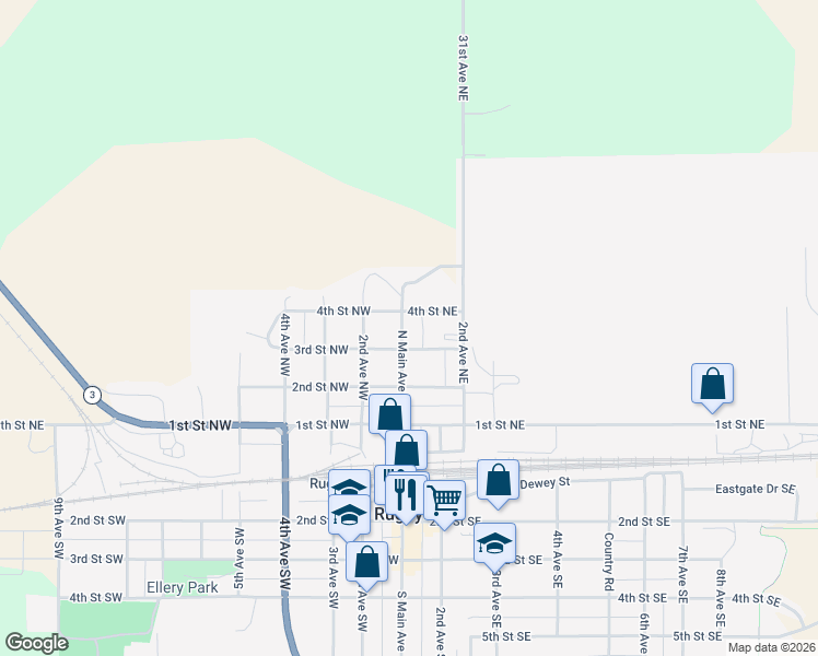 map of restaurants, bars, coffee shops, grocery stores, and more near 300-398 N Main Ave in Rugby