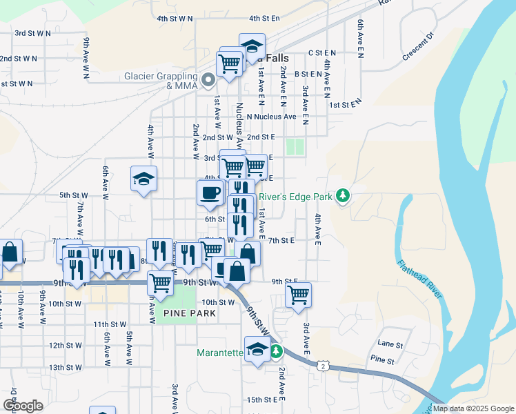 map of restaurants, bars, coffee shops, grocery stores, and more near 544 1st Street East in Columbia Falls