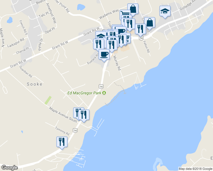 map of restaurants, bars, coffee shops, grocery stores, and more near 6762 Horne Road in Sooke