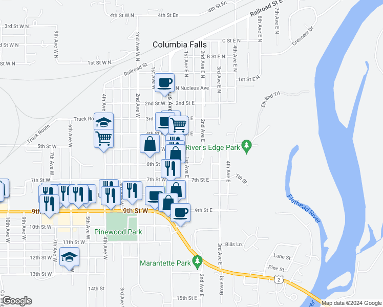 map of restaurants, bars, coffee shops, grocery stores, and more near 544 1st Street East in Columbia Falls
